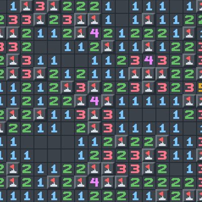 A Minesweeper board mid-game, with numbered tiles and flagged mines.